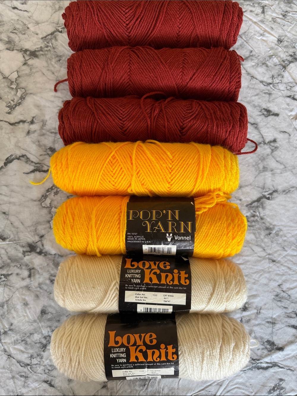 Yarn Bundle, Bright Yellow, Deep Brownish Red & Off White. 7 Skein Bundle.